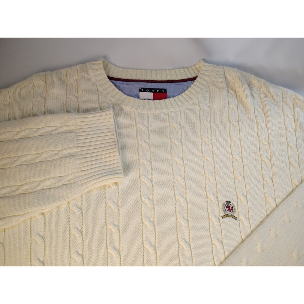 VTG 90s Tommy Hilfiger Cable Knit Sweater Off White Preppy Lion Crest Logo XL